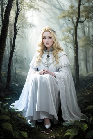 hyper realistic oil painting, wo_samrone01, blonde, wearing a white witch outfit, in a dark forest, natural illumination