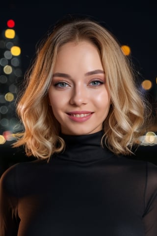 professional portrait of wo_natand01,  high resolution,  wearing black dress with turtle neck,  facing the camera,  ultra detailed skin,  masterpiece,  8k,  uhd,  dslr,  studio light,  gorgeous,  night city background,  bokeh effect,  long, slight curly and blonde, smile