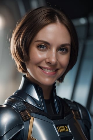 RAW photo of wo_alibrie01, big smile, wearing high-tech armor, in deep space, closeup portrait, smile, short brown bob hair, (high detailed skin:1.2), 8k uhd, dslr, soft lighting, high quality, film grain, Fujifilm XT3