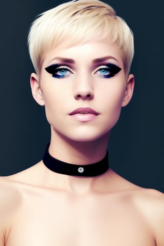 style of Joe Webb,  wo_iveb01,  short pixie blonde hair,  tight blue shirt, black eye shadow and eyeliner, head portrait,  the wall,  centered,  in frame,  concept art,  digital illustration,  matte,  sharp focus,  smooth,  intrincate