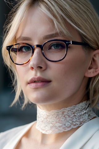 glasses,  Sharp Focus,  wo_haleyben01,  her expression is sexy with parted lips,  blonde hair,  (close-up:0.8),  low key lighting,  shot on Lumix GH5,  cinematic bokeh,  lace choker,  (simple background:1.2),  teasing,  detailed skin