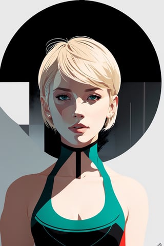 style of David Aja,  wo_haleyben01,  short blonde hair,  tight bodycon,  eye shadow,  upper body,  the wall,  centered,  in frame,  concept art,  digital illustration,  matte,  sharp focus,  smooth,  intrincate