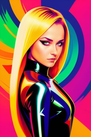 style of John T. Biggers,  wo_haypane01,  long straight blonde hair,  tight shiny onepiece outfit, eyeliner, half body portrait,  colorful vortex background,  centered,  in frame,  concept art,  digital illustration,  matte,  sharp focus,  smooth,  intrincate