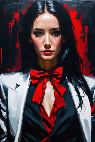 A hyperrealistic painting in the style of Henry Asencio. A portrait of ohwx woman wearing a tuxedo suit with red bow tie, long black hair with side bangs, in a nightclub, masterpiece, 8k, high skin details