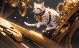 kitten, gold clockwork cat in golden filigree over abstract dark background, chiaroescuro, high detail, photorealism, hyper realism, acceleration, 8K, HD, super resolution, Cinematic, Long Exposure, 8K, HD, Super-Resolution --q 2 --ar 1:1,steampunk style