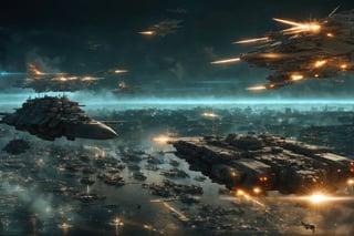 (It is the Year 2273 a.C.). In the galaxy, a magnificent battle rages between battleships and fortresses, depicted across three sections. The lower-left corner portrays the fortress named Athena, isolated and bereft of support, defended only by a few battleships and fighter craft. The middle section portrays a brutal conflict, with numerous battleships and fighters being shot down. On the right side, there's an influx of enemy reinforcements. The war is nearing its end, foreboding the fall of Athena. Amidst the aerial chaos with light-speed cannons and missiles, this will be a historic war etched into the annals of time.Add more detail,(cyberpunk style, perfect lighting, shadows, sharp focus, 8k high definition, insanely detailed, masterpiece, hiper-realistic, highest quality, intricate details), (dynamic  pose:1.4) ,Cyberpunk, Detailedface, Realism,round ass,IMGFIX,cyberpunk style,cyberpunk,insane details ,high details,more detail XL,More Detail,ff8bg,Add more detail,Lens flare,no humans,scifi_veicle,Nature,Landscape,