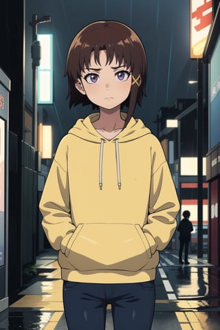 Lain Iwakura (Serial Experiments Lain), solo, single sidelock, beautiful hoodie, hands_in_pockets, denim_pants, neutral expression, looking at viewer, raining, background is tokyo city, beautiful composition, (masterpiece, sharp focus, cinematic lighting)