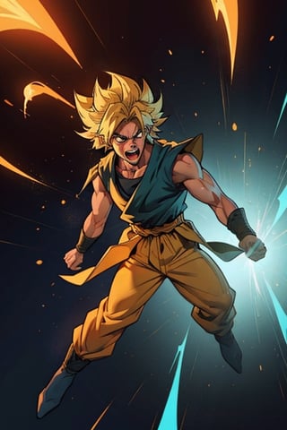 1_boy, full body, blond goku super saiyan, screaming with a glowing yellow aura, master piece, ultra detailed, perfect proportions