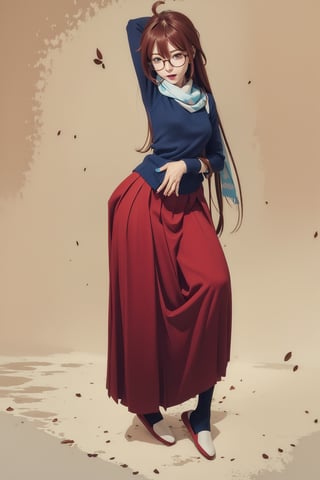 illustration, beautiful girl, masterpiece, hyper super ultra detailed, perfect anatomy, hyper super ultra detailed perfect piece, horny expression, glasses, scarf, anime style girl, perfection, detailed face, slippers,, long blue skirt, red sweater, redhead, long straight hair, anime style hair, one arm in front other behind, brown socks, blue eyes, ahoge, full body