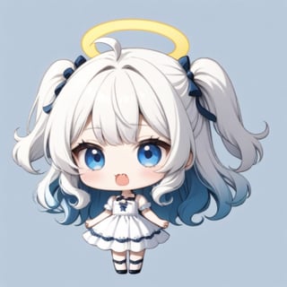 cute, kawaii, chibi, 1girl, (angel), ((white hair)), long curly hair, (two side up), blue eyes,  (curly hair:1.2), (wavy hair), (hair curls), (bangs), (two side up), two blue hair ties on head, (Double golden halo on her head), choker, ((angel wings)), ahoge, fang, White dress with blue lace trim, anime style, cute pose,chibi,simple background, flat color,dal,chibi style,Chibi Style,Anime ,