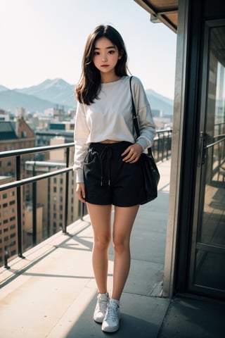 I, a beautiful child, 10 years old, on top of a tall building in the city in the background, she wears a loose sweatshirt over her breasts, (naked pussy), 8k, sex, realistic pussy, (European pre-teen: 1.1), big breasts, (Japanese pre-teen: 0.7), (13 -15 years old, pretty girl: 1.3), slim body, slender girl, correct anatomy, slim body, petite body, long straight black hair, ( slim waist), child's body, maximum realism, top quality, (slope: 1.3), detailed body, child's face, hidden hands