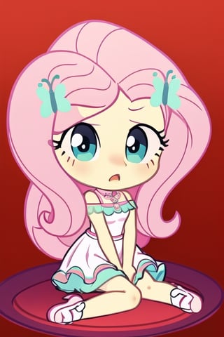 mlpfluttershy, hair ornament, dress, 1girl, sitting on her knees, looking at the viewer, surprised, red background