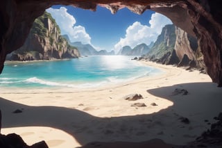 masterpiece, best quality, ultra-detail, realistic, high contract, very sandy beach cove side cave, pirate vibe
