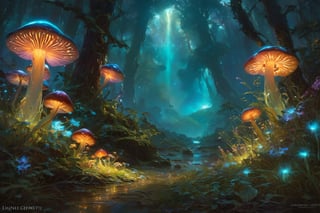 ((cinematic light)), hyper detail, dramatic light, intricate details, (glowing, colorful:1.3), (psychedelic:1.2), (realistic), (Bioluminescence:1.3), highly detailed, hyper realistic, by Daniel Gerhartz, perfect artwork, masterpiece, best quality, highres, layered lighting, greg rutkowski, mushrooms, landscape, planets, galaxy, 