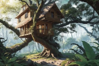 masterpiece, best quality, ultra-detail, realistic, high contract, treehouse in a tree in a jungle