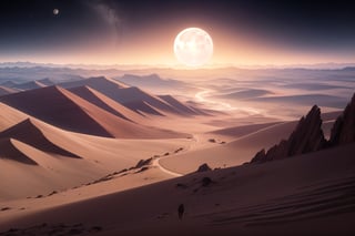 masterpeice, 4k, high resolution, high detail, very detailed, desert futuristic landscape on another planet with the planets moon in the distance

