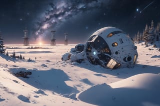 masterpeice, best quality, ultra-detail, realistic, high contract, futursitic space craft crashed in the middle of a winter landscape, science fiction