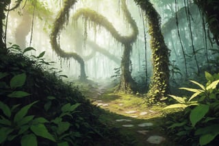 masterpiece, best quality, ultra-detail, realistic, high contract, science fiction, Jungle forest with ancient run-down statues covered in vines and moss