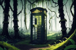 masterpiece, best quality, ultra-detail, realistic, high contract, British phone booth run down and out of order covered in moss and vines in the middle of a forest while it's dark with fireflies around
