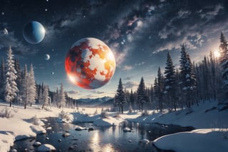 masterpeice, best quality, ultra-detail, realistic, high contract, futursitic glowing orb in a winter landscape, science fiction