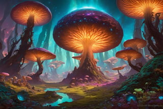 ((cinematic light)), hyper detail, dramatic light, intricate details,(1 man:1.2) (extremely lush alien landscape on another planet, ariel view, mushrooms, glowing, olorful:1.3), (psychedelic:1.2), (realistic), (Bioluminescence:1.3), highly detailed, hyper realistic, by Daniel Gerhartz, perfect artwork, masterpiece, best quality, highres, layered lighting,Detailedface, Detailedeyes, Scenes of chaos,greg rutkowski