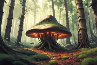masterpiece, best quality, ultra-detail, realistic, high contract, futuristic, science fiction, mushroom forest deep in the woods