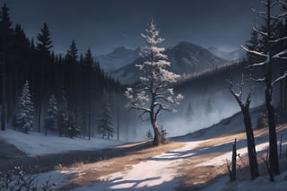 masterpeice, 4k, high resolution, high detail, very detailed, 1 small dead tree alone in a dark valley during the cold winter