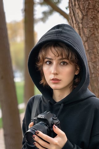 a photo portrait of a paparazzi doing spionase, behind the tree, holding a tele camera, looking away, wearing black hoodie sort skirt and black hat, she ready to shot, photographer posture, dynamic pose, brown eyes, short brown curly hair,xxmix_girl