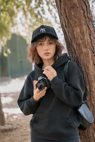 a photo portrait of a paparazzi doing spionase, behind the tree, holding a tele camera, wearing black hoodie sort skirt and black hat, she ready to shot, photographer posture, dynamic pose, brown eyes, short brown curly hair, b3rli,xxmix_girl,omatsuri