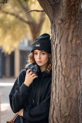 a photo portrait of a paparazzi doing spionase, behind the tree, holding a tele camera, looking away, wearing black hoodie sort skirt and black hat, she ready to shot, photographer posture, dynamic pose, brown eyes, short brown curly hair,xxmix_girl