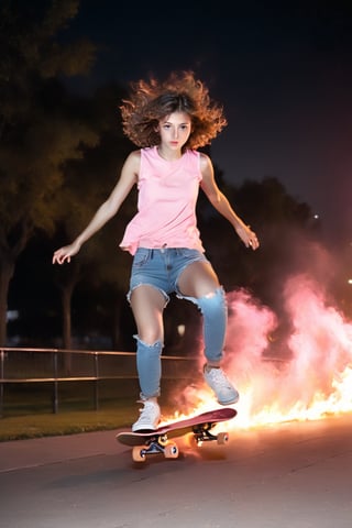 A picture of the girl play skateboard in the park, short jean, pink sleveless shirt, full body, symmetry, translucent mod skin,night scene, steet light, cars headlamp,fire_particles, sexy posture, brown eyes, brown curly hair, all body looking away, jumping, from_front side_view
