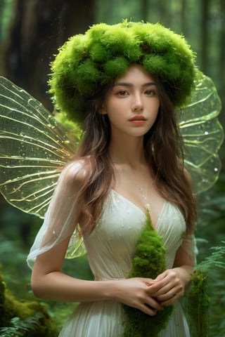 the moss beautiful girl mossy and grass skin, big_breasts, leaf drop, deep forest,body, full body, symmetry, nature, subsurface scattering, transparent, translucent moss skin, glow, bloom, Bioluminescent rain drop, light_particles, ghost, sexy posture, brown eyes, brown curly hair, flower crown, queen, angel, fiery, all body,b3rli,xxmix_girl,DonMASKTexXL 