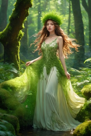 the moss beautiful girl mossy and grass skin, big_breasts, leaf drop, deep forest,body, full body, symmetry, nature, subsurface scattering, transparent, translucent moss skin, glow, bloom, Bioluminescent rain drop, light_particles, ghost, sexy posture, brown eyes, brown curly hair, wood crown, embroidered cap, queen, angel, god, all body,b3rli,xxmix_girl,DonMASKTexXL 
