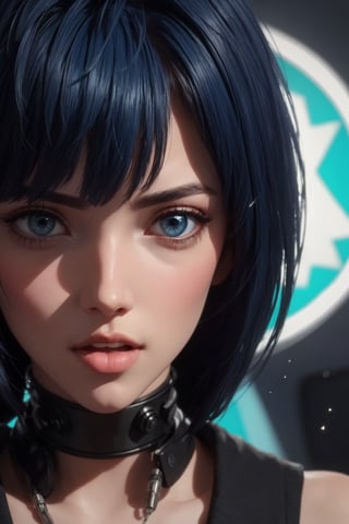 masterpiece, best quality, (detailed background), (beautiful detailed face, beautiful detailed eyes), absurdres, highres, ultra detailed, masterpiece, best quality, detailed eyes, brown_eyes, dark blue hair, alluring, open mouth, neck bone, at the bed room, midnight, cyberpunk scene, neon lights, lightning, light particles, electric, dj theme, synthwave theme, (bokeh:1.1), depth of field, looking_at_viewer, pov_eye_contact, dark blue hair, fair complexion, pink lips, kinki, Tae Takemi