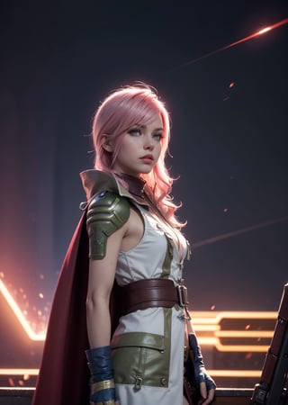Master Piece, Best quality, upper body shot, 1_girl, woman, ,cyberpunk scene, Lightning, Final Fantasy 13 game, Light pink hair, pink lips,, neck bone, midnight, on top of a ship background, small breast, full body, lightning farron, Guardian Corp Uniform, ankle-length red cape attached to the left side of her back, light burgundy leather detachable pocket on her left leg,  green metallic pauldron over her left shoulder bearing yellow stripes, carries her gunblade in a black case that hangs off her belt, wears a necklace with a lightning bolt pendant, expressionless, closed mouth, partied lips, straight nose, from side, looking_at_viewer, fingerless gloves, boots,, erotic pose, cowboy_shot