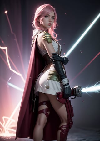Master Piece, Best quality, upper body shot, 1_girl, woman, ,cyberpunk scene, Lightning, Final Fantasy 13 game, Light pink hair, pink lips,, neck bone, midnight, 15 Nautilus background, small breast, full body, lightning farron, Guardian Corp Uniform, ankle-length red cape attached to the left side of her back, light burgundy leather detachable pocket on her left leg,  green metallic pauldron over her left shoulder bearing yellow stripes, carries her gunblade in a black case that hangs off her belt, wears a necklace with a lightning bolt pendant, expressionless, closed mouth, partied lips, straight nose, from side