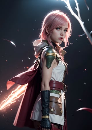 Master Piece, Best quality, upper body shot, 1_girl, woman, ,cyberpunk scene, Lightning, Final Fantasy 13 game, Light pink hair, pink lips,, neck bone, midnight, 15 Nautilus background, small breast, full body, lightning farron, Guardian Corp Uniform, ankle-length red cape attached to the left side of her back, light burgundy leather detachable pocket on her left leg,  green metallic pauldron over her left shoulder bearing yellow stripes, carries her gunblade in a black case that hangs off her belt, wears a necklace with a lightning bolt pendant, expressionless, closed mouth, partied lips, straight nose, from side, looking_at_viewer, fingerless gloves, boots, 