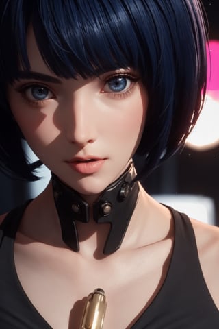 masterpiece, best quality, (detailed background), (beautiful detailed face, beautiful detailed eyes), absurdres, highres, ultra detailed, masterpiece, best quality, detailed eyes, brown_eyes, dark blue hair, alluring, close mouth, neck bone, at the bed room, midnight, cyberpunk scene, neon lights, lightning, light particles, electric, dj theme, synthwave theme, (bokeh:1.1), depth of field, looking_at_viewer, pov_eye_contact, dark blue hair, brownish eyes, fair complexion, pink lips, kinki, Tae Takemi,  short blue dress, smirk, model pose