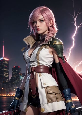 Master Piece, Best quality, upper body shot, 1_girl, woman, ,cyberpunk scene, Lightning, Final Fantasy 13 game, Light pink hair, pink lips,, neck bone, midnight, on top of a ship background, small breast, full body, lightning farron, Guardian Corp Uniform, ankle-length red cape attached to the left side of her back, light burgundy leather detachable pocket on her left leg,  green metallic pauldron over her left shoulder bearing yellow stripes, carries her gunblade in a black case that hangs off her belt, wears a necklace with a lightning bolt pendant, expressionless, closed mouth, partied lips, straight nose, from side, looking_at_viewer, fingerless gloves, boots,, sexy pose, cowboy_shot