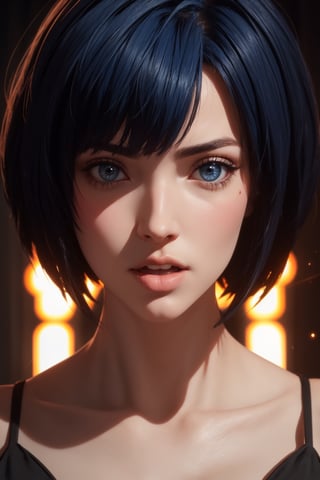 masterpiece, best quality, (detailed background), (beautiful detailed face, beautiful detailed eyes), absurdres, highres, ultra detailed, masterpiece, best quality, detailed eyes, brown_eyes, dark blue hair, alluring, open mouth, neck bone, at the bed room, midnight, cyberpunk scene, neon lights, lightning, light particles, electric, dj theme, synthwave theme, (bokeh:1.1), depth of field, looking_at_viewer, pov_eye_contact, dark blue hair, fair complexion, pink lips, kinki, Tae Takemi