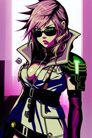 guiltys, stern, a girl, pixel glasses on, black dress, Clevage, upper body, dj theme, synthwave theme, (bokeh:1.1), depth of field, style of tetsuya nomura, tracers, vfx, splashes, lightning, light particles, electric, white background, Lightning, Final Fantasy game, Red lips, parted_lips, pink light hair ,lightning farron