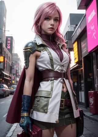 Master Piece, Best quality, upper body shot,female, woman, clothes ,cyberpunk scene, Lightning, Final Fantasy 13 game, Light pink hair, pink lips,, neck bone, midnight, city background, small breast, upper_body, lightning farron, Guardian Corp Uniform, ankle-length red cape attached to the left side of her back, light burgundy leather detachable pocket on her left leg,  green metallic pauldron over her left shoulder bearing yellow stripes, carries her gunblade in a black case that hangs off her belt, wears a necklace with a lightning bolt pendant
