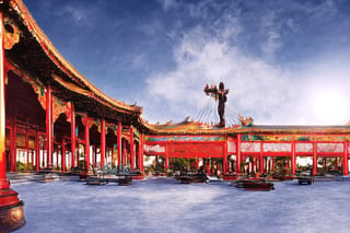 upclosed exterior view of a ancient elegant Chinese crystal palace, golden sky, hyper detailed, realistic