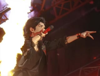 8K quality, high-resolution animation, ultra-high-resolution rendering, profile of a male rock singer in a black jacket singing on a stadium stage at night, background of the stadium stage's skeleton, flames erupting upwards in the foreground, (red microphone held in the left hand), (black bracelet on the arm holding the microphone: 1.5),