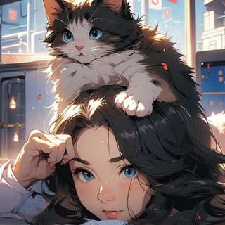 Masterpiece, high resolution animation, super high resolution rendering, fat cat sitting on the head of a sleeping woman with a fist on her forehead, (beautiful face woman :1.5), denim shirt, white window background