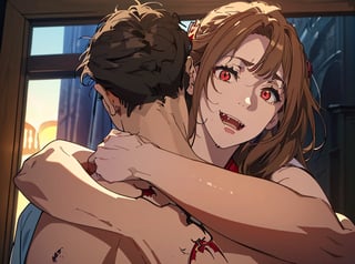 Masterpiece, high-resolution animation, super high-resolution rendering, (back of man's head: 1.5), (naked man and woman), woman's face embracing man with both arms turned away, (two vampire fangs in closed mouth: 1.5), brown hair, beautiful face, (pained expression), (red eyes looking up: 1.5), pink lips,