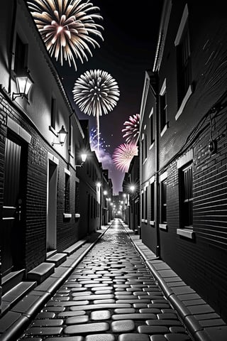 (best detailed), (black and white), (best lighting), (ultra-detailed), (best quality), (dark alleyway background, full colour fireworks in sky), goodbye 2023, high hopes for 2024