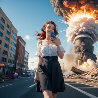 (masterpiece, best quality:1.4), (beautiful, aesthetic, perfect, delicate, intricate:1.2),((atomic explosion in background)), (mass destruction, collapsing buildings, disaster, nightmare, vivid colours), (high contrast), beautiful woman, walking toward camera, headphones on, ((looking at her mobile phone)), smiling, perfect face, eyeliner, long wavy windswept red hair, large_breasts, dressed for summer, depth of field