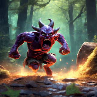 Cinematic scene, hero view, hyperdetailed picture of child Demon having a temper tantrum in the woods, action pose, detailed background, masterpiece, best quality, high quality, highres, absurdres, vivid, Dungeons and Dragons 