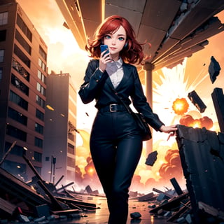 (masterpiece, best quality:1.4), (beautiful, aesthetic, perfect, delicate, intricate:1.2),((atomic explosion in background)), (mass destruction, collapsing buildings, disaster, nightmare, vivid colours), (high contrast), beautiful woman, walking toward camera, headphones on, ((looking at her mobile phone)), smiling, perfect face, eyeliner, long wavy windswept red hair, large_breasts, dressed for summer, depth of field